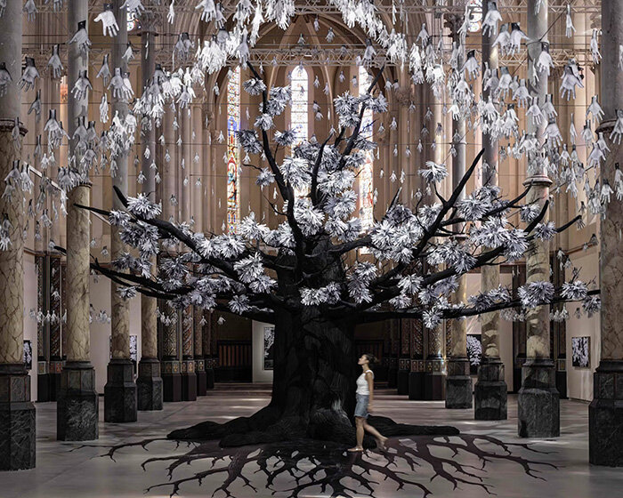 participatory tree of scanned hands by JR grows in montpellier's former church